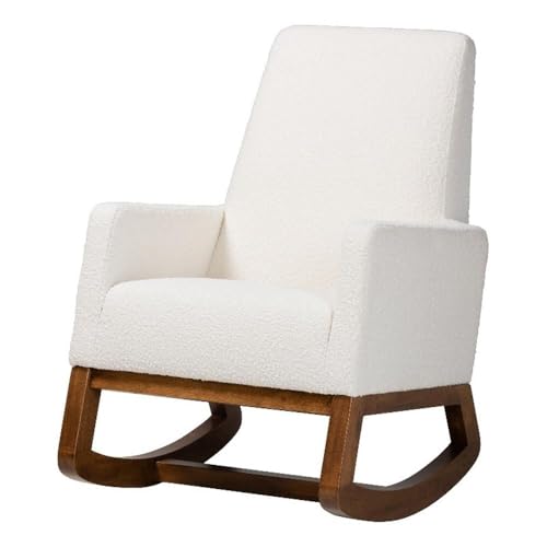 Baxton Studio Yashiya Mid-Century Modern Off-White Boucle Upholstered And Walnut Brown Finished Wood Rocking Chair